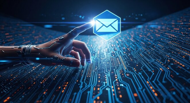 A futuristic hand touches a glowing email icon on a circuit board, symbolizing digital communication and technological advancement in the modern era - Powered by Adobe