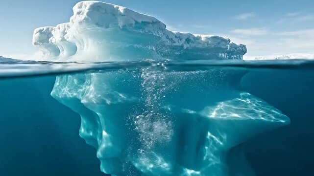 Split Level View of Floating Iceberg in Blue Ocean