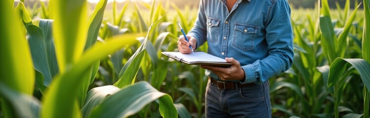 Farmer checks corn crops. Agronomist writes notes on clipboard in field. Man examines quality of green plants. Agricultural expert works on farm. Eco friendly farming concept.