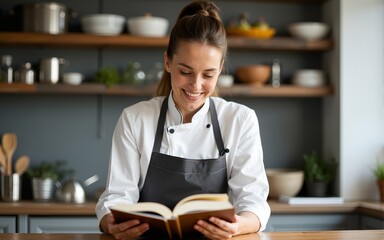 Female chef-trainee reading recipe book. High quality