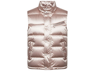 Shiny pale pink quilted puffer vest with high collar and snap button closure, isolated on transparent background