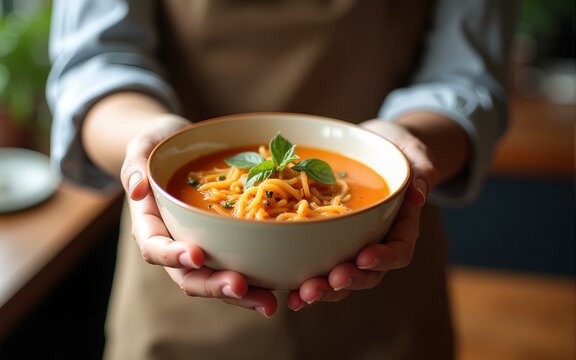 Cropped image of hand serving soup to customer. High quality