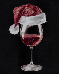 Festive Christmas illustration of a sparkling red wine glass wearing a glittery Santa hat, holiday themed graphic with shiny textured details on a dark background for seasonal designs

