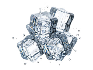 A small pile of clear, wet ice cubes with water droplets splashing around them, isolated on transparent background
