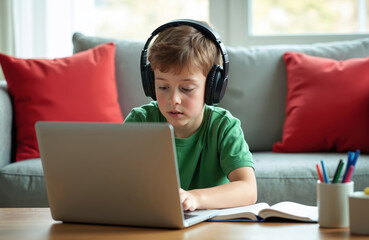 Young boy with headphones uses laptop for online lessons. He studies at home with book and pens. Child concentrates on computer screen indoors. Education and tech used for learning.