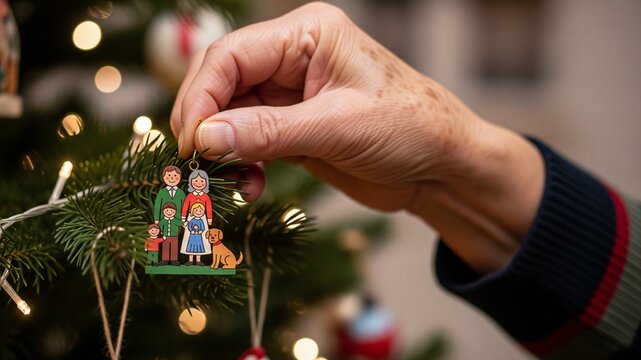 Hanging a charming family ornament on the Christmas tree creating a warm nostalgic holiday memory with loved ones and a dog. - Powered by Adobe