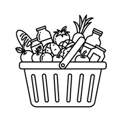 Grocery shopping basket icon with fresh food items, bread, milk, fruits, and vegetables for retail