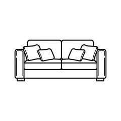 Minimalist two-seater sofa line art drawing with cushions, modern furniture icon illustration vector