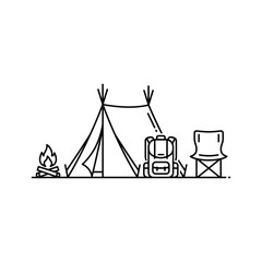 Camping adventure scene with tent, roaring campfire, backpack, and folding chair, outdoor recreation.