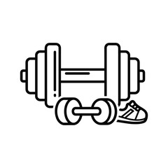 Fitness equipment icon: barbell, dumbbell, and sneaker representing gym, exercise, and healthy lifestyle