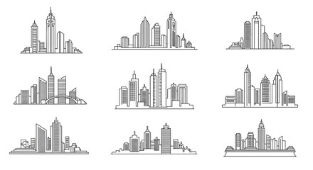 Obraz premium Urban Silhouettes: A collection of meticulously crafted, minimalist line art showcasing a variety of cityscapes. Evoking a sense of modern urban life.