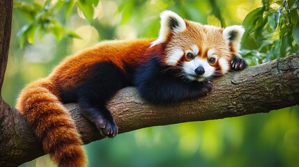 Red panda resting on tree branch in peaceful forest setting