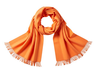 Bright orange cashmere scarf with fringe detail elegantly draped and isolated on transparent background for fashion accessory display