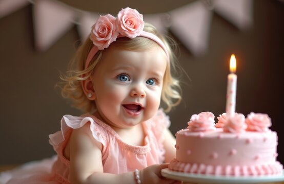 Sweet baby girl celebrates first birthday. She smiles happily near pink cake with one candle. Kid wears dress flower headband. Party decorations indoors.