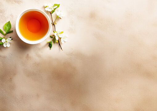 A cup of tea and flowers on a beige stone table