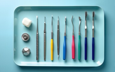 Dental hygienist tools laid out on a tray. High quality