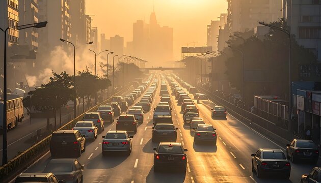 Hazy urban scene of a crowded freeway lined with trees leading toward towering city buildings in golden light