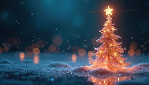 Digital Christmas tree with soft glowing lights and star topper. Festive holiday bokeh background with snow. Modern New Year greeting for tech.