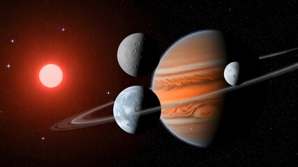 Gas giant planet with rings and moons orbiting a red star in a starry nebula background space stars 4K Ai HD high quality video.
- Powered by Adobe