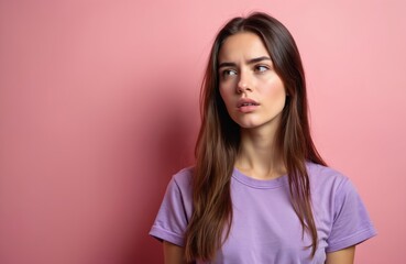 Fototapeta premium Young woman with brown hair in purple t shirt looks aside with worried expression. She has a doubtful face and seems upset with something. Pink studio backdrop.