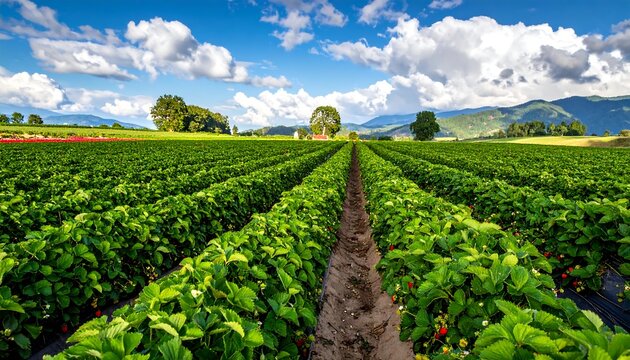 Lush green strawberry fields under a bright blue, partly cloudy sky with distant mountains in the background