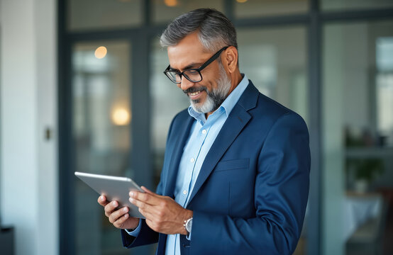 Mature businessman uses pc tablet device in office. Smiling senior man in suit with glasses works. Happy executive looks at digital screen. Digital tech professional at work