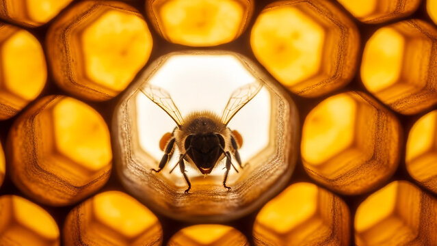 Bee close-up inside honeycomb producing honey