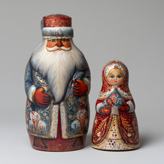 Traditional Russian Christmas figurines of Ded Moroz and Snegurochka, beautifully hand-painted with ornate folk patterns, detailed wooden craft dolls in classic festive style
