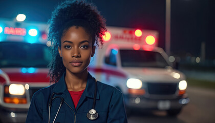 Black female paramedic poses in front of two ambulances at night. She wears pro uniform and stethoscope. Emergency medical technician stands confidently ready to help people.