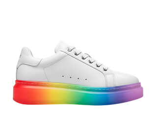 Stylish white leather sneaker with a thick, vibrant rainbow gradient sole, isolated on transparent background