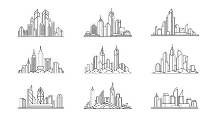 Obraz premium Urban Horizons: A collection of stylized illustrations of cityscapes, showcasing the dynamic and diverse architecture found in urban environments.