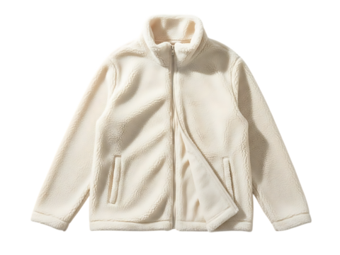 Cozy cream colored sherpa fleece zipup jacket for men or women isolated on transparent background