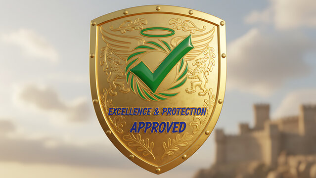 Golden shield with checkmark symbolizes excellence and protection approval 12204162 1