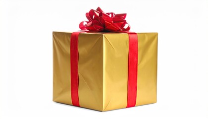 Obraz premium Golden Gift Box with Red Ribbon and Bow on White Background.
