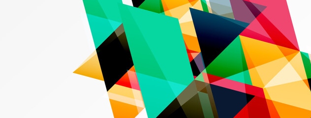 Abstract geometric shapes overlap, creating vibrant colorful composition. Bright hues dominate design, offering modern aesthetic.