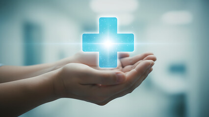 Hands holding a glowing medical cross symbolizing health insurance and welfare access 10703567 1