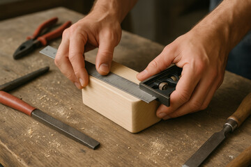 Close-up of hands measuring wooden block with ruler on rustic workbench surrounded by traditional woodworking tools in natural lighting concept. Ai generative