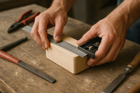 Close-up of hands measuring wooden block with ruler on rustic workbench surrounded by traditional woodworking tools in natural lighting concept. Ai generative