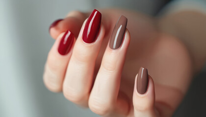 Female hand displays elegant, perfectly manicured nails. Long coffin shaped nails feature glossy red, nude brown gel polish, creating stylish, fashionable look for women. Modern nail art treatment
