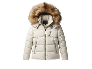 Stylish beige quilted winter puffer jacket for women with detachable brown fur hood, isolated on transparent background