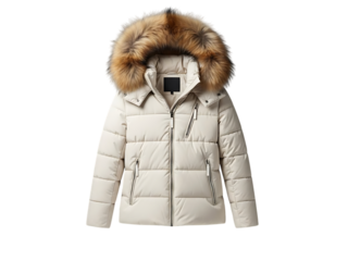 Stylish beige quilted winter puffer jacket for women with detachable brown fur hood, isolated on transparent background
