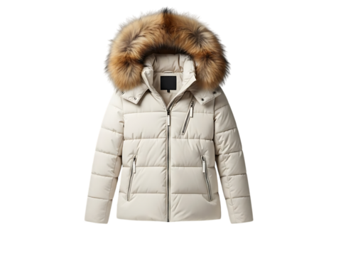 Stylish beige quilted winter puffer jacket for women with detachable brown fur hood, isolated on transparent background