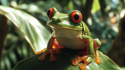 Fototapeta premium Vibrant red-eyed tree frog perched on leaf in lush rainforest habitat with natural lighting