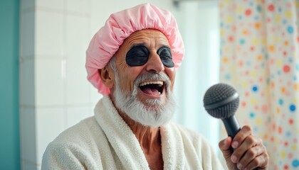 Funny senior man sings with microphone. Elderly male wears eye pads, bathrobe and shower cap in bathroom. Aged person has fun, entertains himself at spa. Wellness and care.