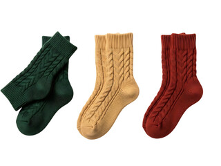 Three pairs of thick, cable knit winter socks in dark green, beige, and deep red colors, isolated on transparent background