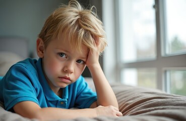 Young boy looks tired, bored, sad. Child rests head on hand. Kid feels exhausted, stressed at home. Little male person sits indoors, upset, alone by window. Faces mental health issues, frustration,