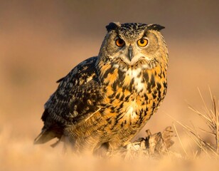Eagle owl portrait with orange eyes, perched on the ground, soft brown background