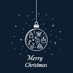 Fototapeta premium Minimalist Line Art Christmas Ornament Logo with Icons and Text on Dark Blue Background, Symmetrical Design for Holiday Branding