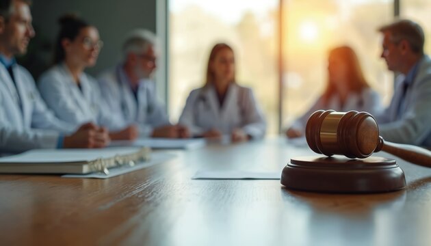 Medical experts in lab coats sit around table. Gavel rests on wood desk, symbolizing law and ethics in healthcare decisions. Team discusses legal policy matters in meeting. - Powered by Adobe