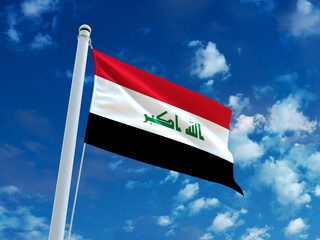 Realistic close-up of the Iraq flag waving on a tall flagpole under a bright sky with soft scattered clouds, showing smooth wind motion, vivid colors, and a clear, proud national atmosphere.
